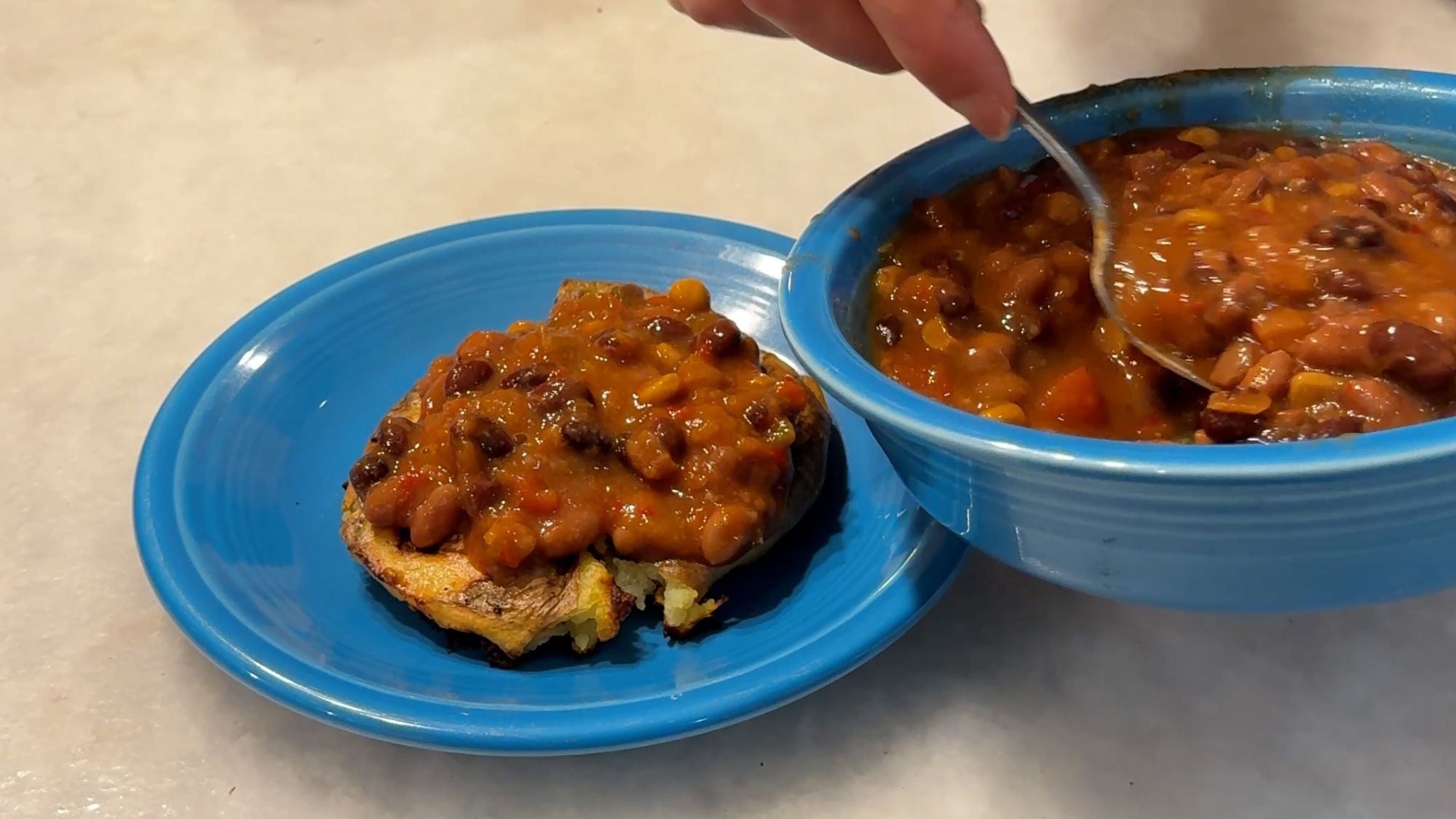 loaded potato waffles with chili