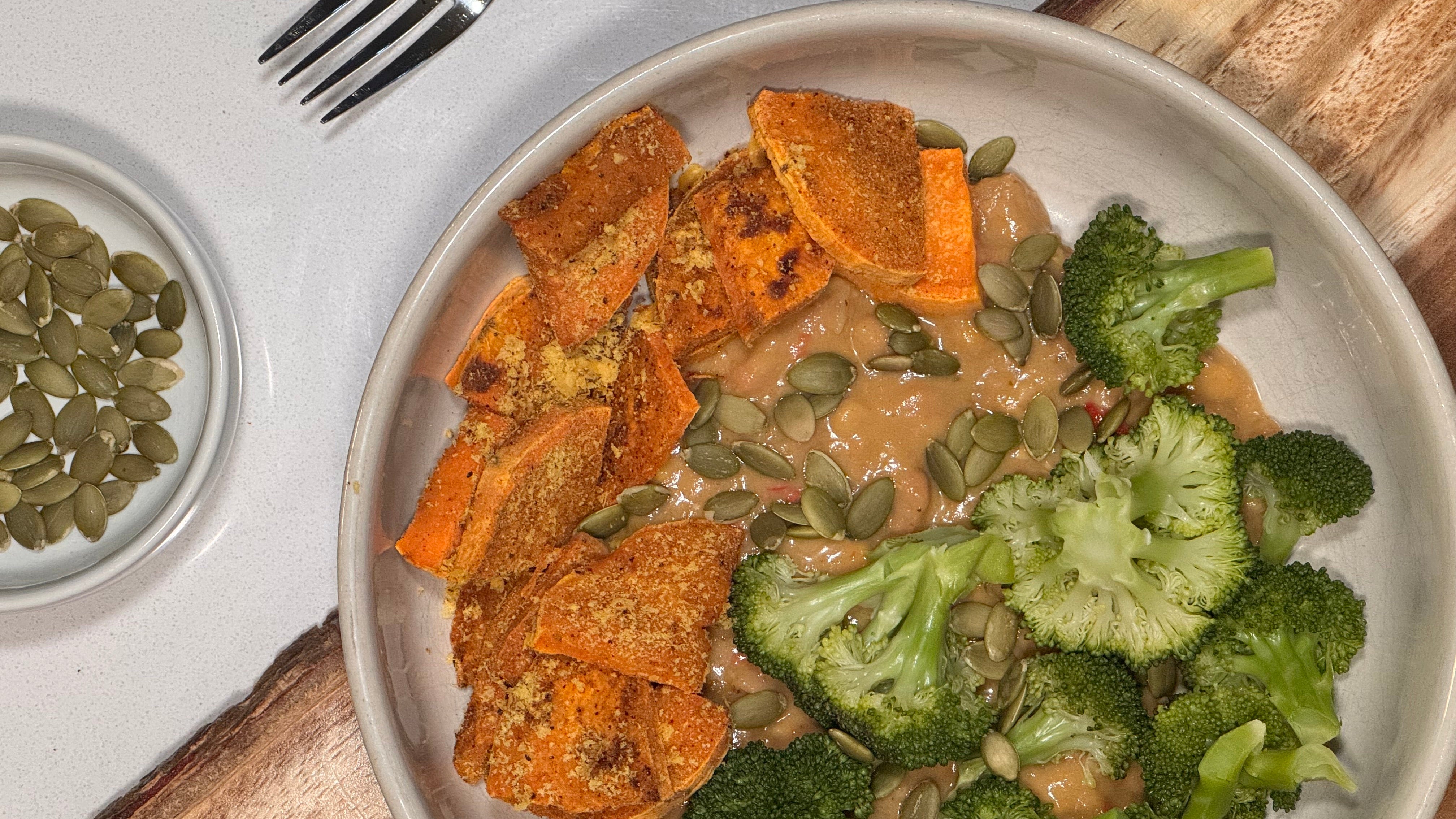 Cozy Roasted Vegetable and Sweet Potato Bowl with Creamy White Bean Chili