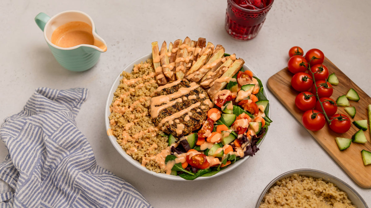 black bean quinoa burger bowl