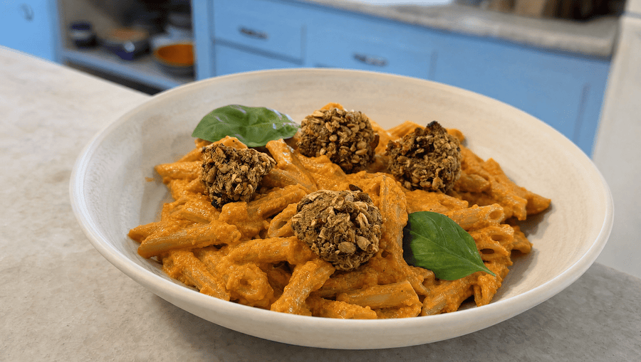 creamy red pepper pasta with portobello meatballs