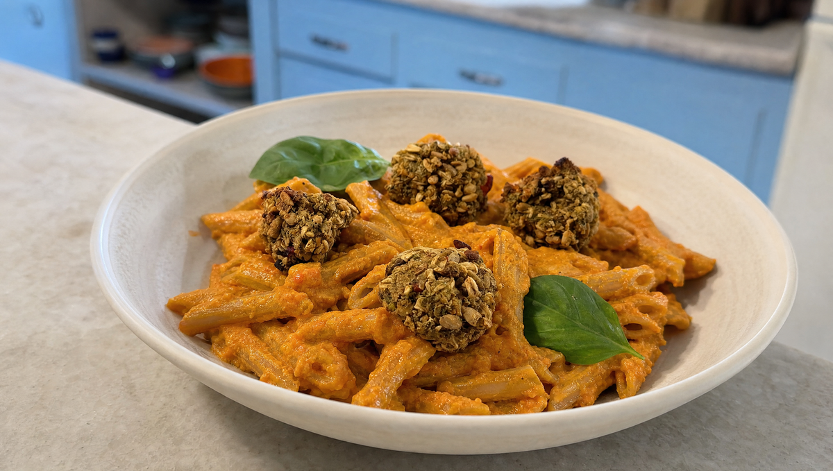 creamy red pepper pasta with portobello meatballs