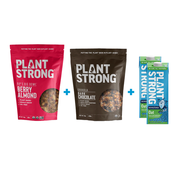 Three 'Plant Strong' snack packages on a white background