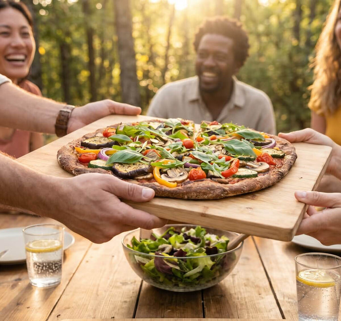 Friends sharing a colorful plant-based pizza and salad outdoors