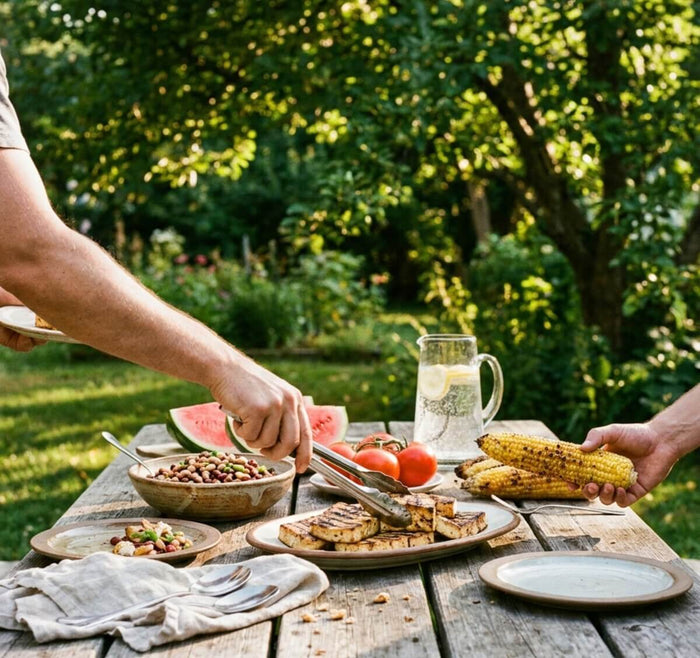 Garden table spread with watermelon, grains and fresh produce