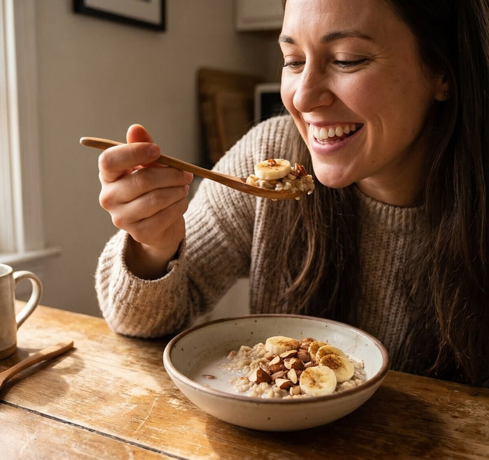 Woman smiling over a bowl of granola and fruit