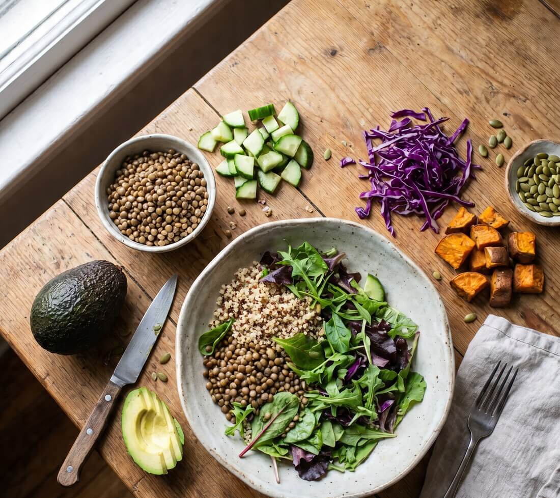Plant Strong products, colorful produce and a grain bowl ready to shop